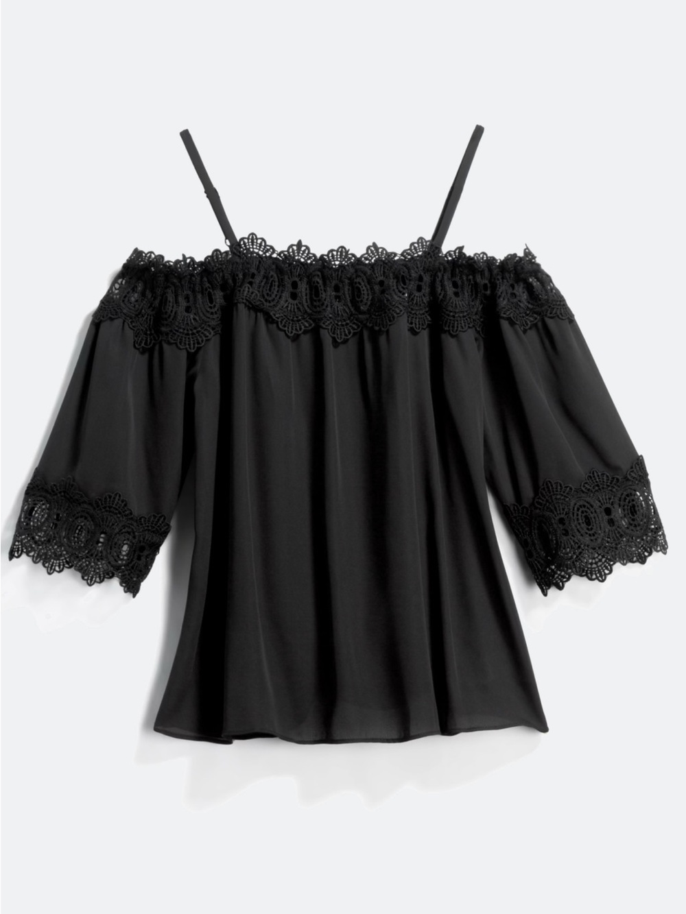 Black Lace-Trim Off-Shoulder Blouse with Spaghetti Straps